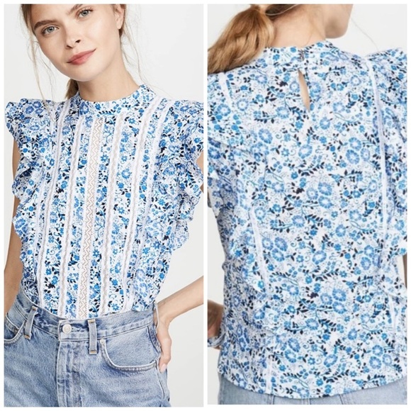 Veronica Beard Sol Floral Printed Lace Ruffle Blouse Blue Size 14 Casual Cotton - Picture 1 of 7